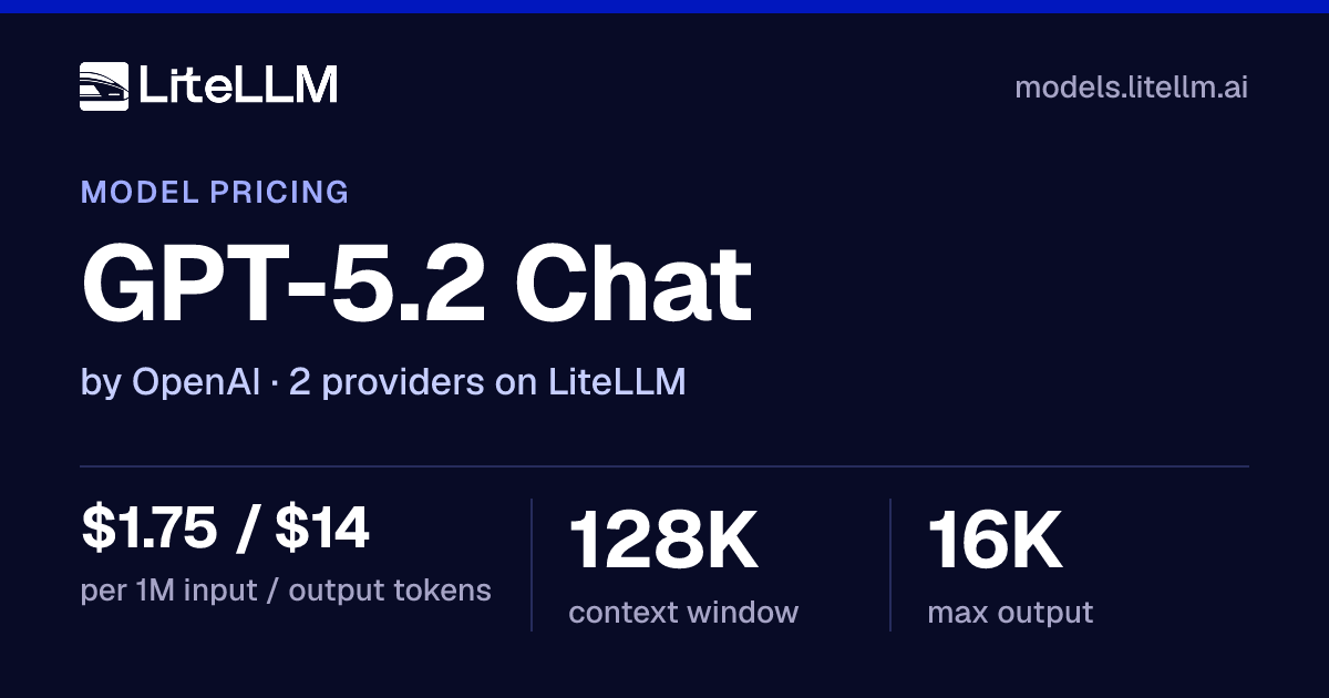 GPT-5.2 Chat API Pricing (Oct 2026): $1.75/$14 per 1M Tokens | LiteLLM
