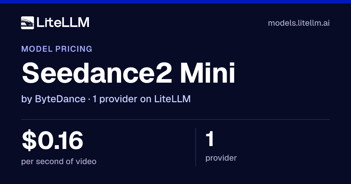 Seedance2 Mini API Pricing (Oct 2026): $0.16 per Second | LiteLLM